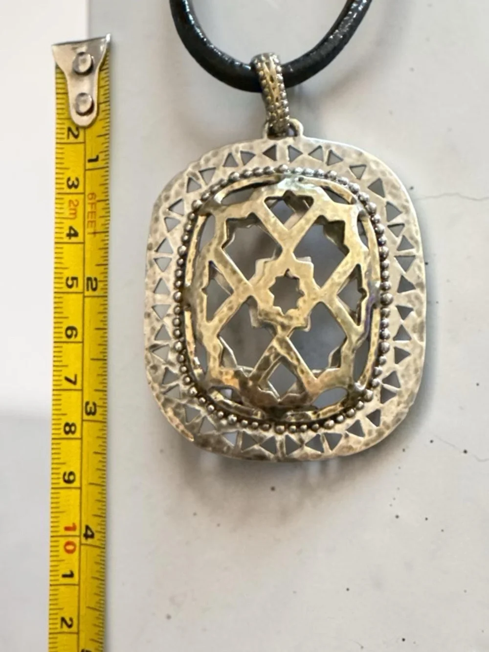 🔥Chico’s Statement Pendant Necklace | Black Leather Cord Silvertone Openwork